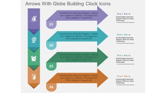 Arrows With Globe Building Clock Icons Powerpoint Templates