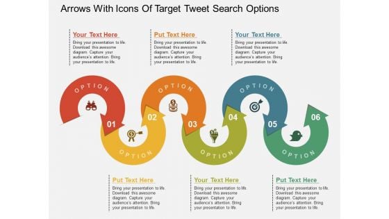 Arrows With Icons Of Target Tweet Search Options Powerpoint Templates
