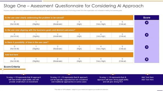 Artificial Intelligence For IT Operations Playbook Stage One Assessment Questionnaire For Considering AI Approach Demonstration PDF