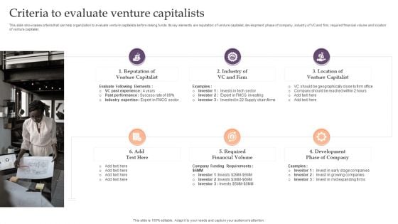 Assessing Debt And Equity Fundraising Alternatives For Business Growth Criteria To Evaluate Venture Capitalists Brochure PDF