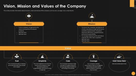 Assessing Startup Funding Channels Vision Mission And Values Of The Company Summary PDF