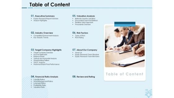 Assessing Stocks In Financial Market Table Of Content Ppt PowerPoint Presentation Infographic Template Example File