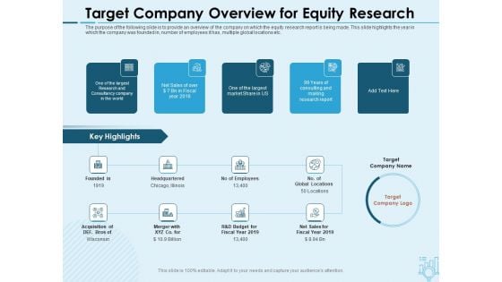 Assessing Stocks In Financial Market Target Company Overview For Equity Research Ppt PowerPoint Presentation File Vector PDF