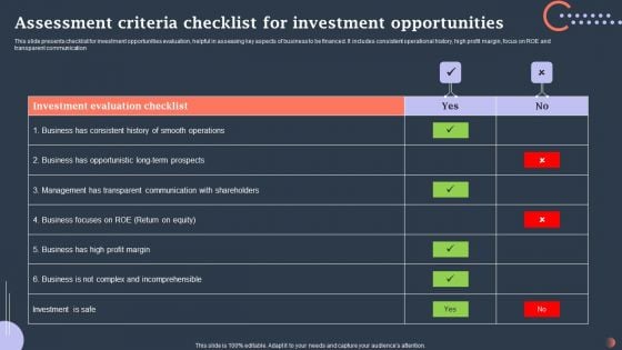 Assessment Criteria Checklist For Investment Opportunities Designs PDF