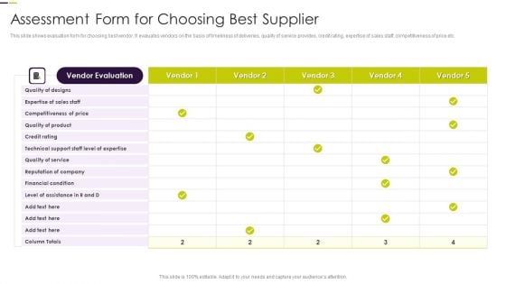 Assessment Form For Choosing Best Supplier Demonstration PDF