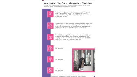 Assessment Of The Program Design And Objectives Template 110 One Pager Documents