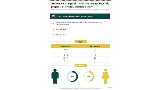 Audience Demographics For Business Sponsorship Proposal For Reality Television Show One Pager Sample Example Document Audience Demographics For Business Sponsorship Proposal For Reality Television Show One Pager Sample Example Document