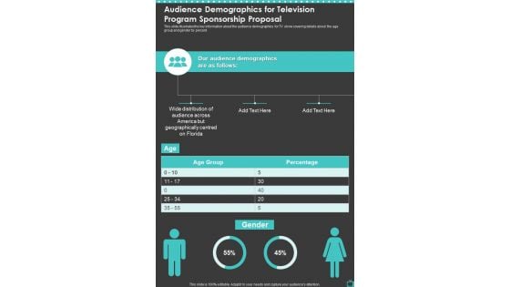 Audience Demographics For Television Program Sponsorship Proposal One Pager Sample Example Document Audience Demographics For Television Program Sponsorship Proposal One Pager Sample Example Document