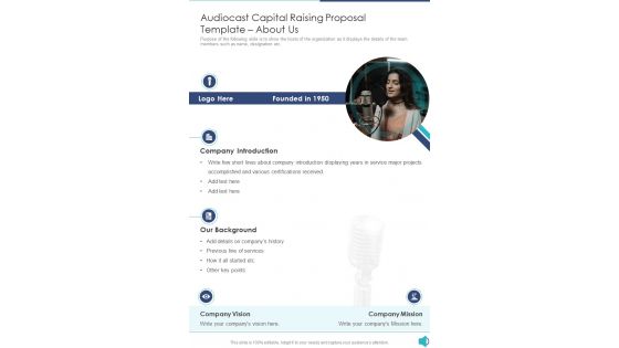 Audiocast Capital Raising Proposal Template About Us One Pager Sample Example Document