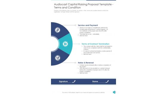 Audiocast Capital Raising Proposal Template Terms And Condition One Pager Sample Example Document