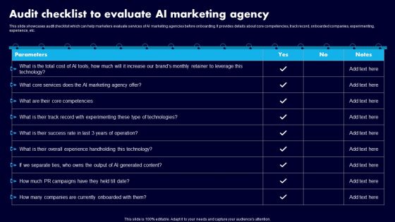 Audit Checklist To Evaluate AI Marketing Agency Ppt Inspiration Show PDF