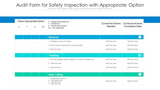 Audit Form For Safety Inspection With Appropriate Option Ppt PowerPoint Presentation Gallery Graphics Example PDF