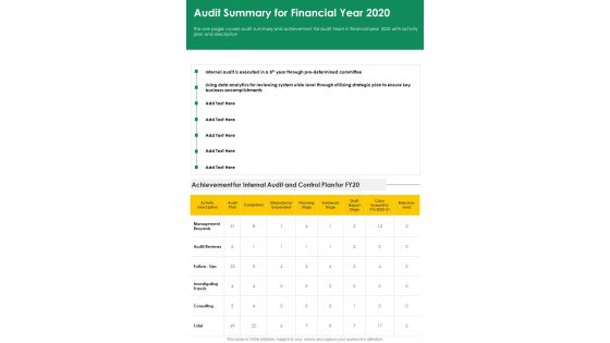 Audit Summary For Financial Year 2020 One Pager Documents