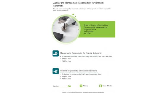 Auditor And Management Responsibility For Financial Statement One Pager Documents