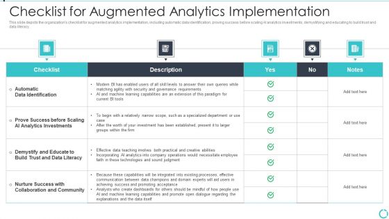 Augmented Analytics Implementation IT Checklist For Augmented Analytics Implementation Sample PDF