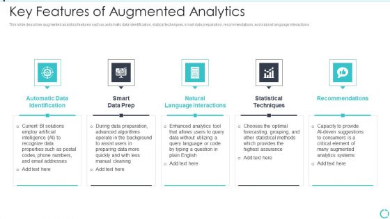 Augmented Analytics Implementation IT Key Features Of Augmented Analytics Diagrams PDF