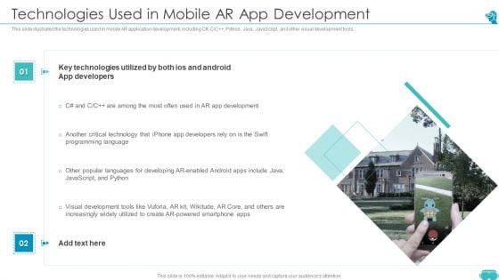Augmented And Virtual Reality Technologies Technologies Used In Mobile AR App Development Slides PDF