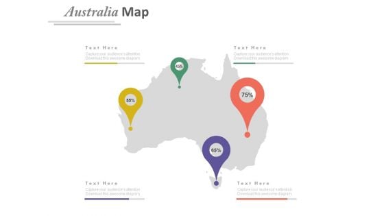 Australia Map With Four Location Pointers Powerpoint Slides