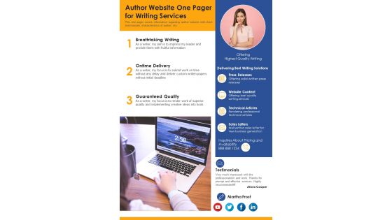 Author Website One Pager For Writing Services PDF Document PPT Template