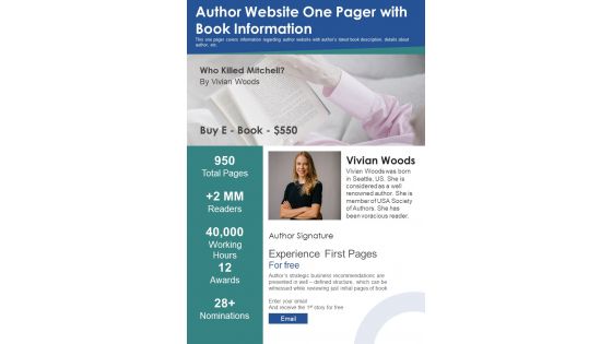 Author Website One Pager With Book Information PDF Document PPT Template