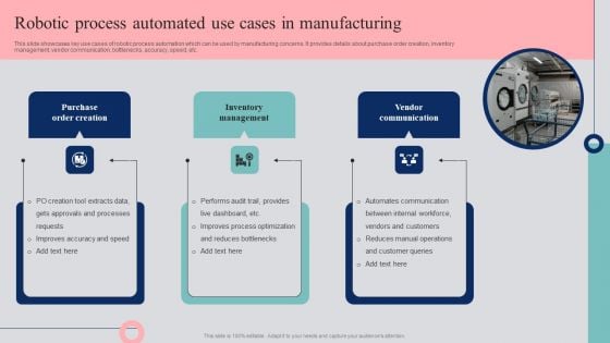 Automated Business Operations Management Robotic Process Automated Use Cases In Manufacturing Slides PDF