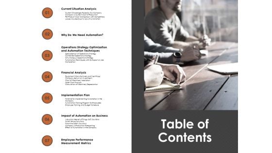 Automation Techniques And Solutions For Business Table Of Contents Ppt Infographics Format PDF