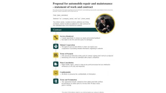 Automobile Repair And Maintenance Statement Of Work And Contract One Pager Sample Example Document