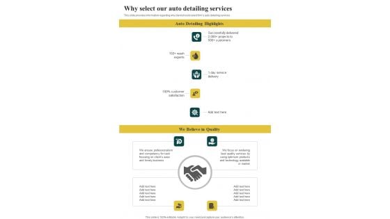 Automobile Repair And Maintenance Why Select Our Auto Detailing One Pager Sample Example Document Automobile Repair And Maintenance Why Select Our Auto Detailing One Pager Sample Example Document