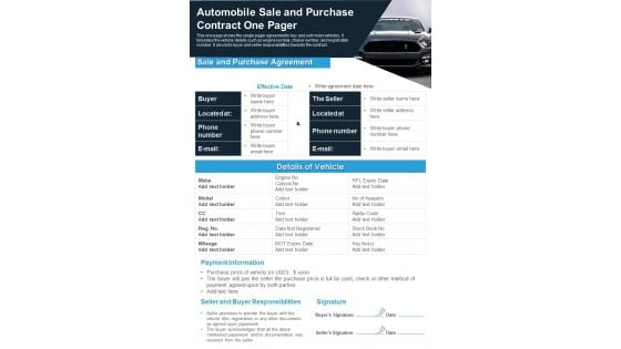 Automobile Sale And Purchase Contract One Pager PDF Document PPT Template