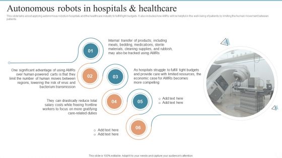 Autonomous Robots In Hospitals And Healthcare Ppt PowerPoint Presentation File Deck PDF