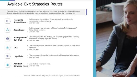 Available Exit Strategies Routes Investor Pitch Deck For PE Funding Rules PDF