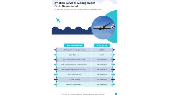 Aviation Services Management Costs Determinant One Pager Sample Example Document