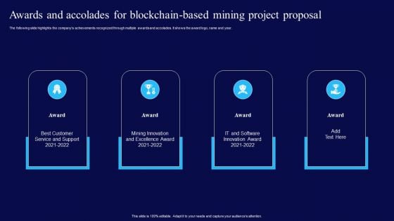 Awards And Accolades For Blockchain Based Mining Project Proposal Ppt Ideas Templates PDF Awards And Accolades For Blockchain Based Mining Project Proposal Ppt Ideas Templates PDF