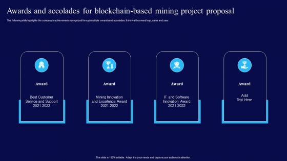 Awards And Accolades For Blockchain Based Mining Project Proposal Ppt Ideas Templates PDF