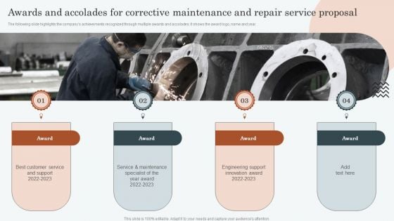 Awards And Accolades For Corrective Maintenance And Repair Service Proposal Demonstration PDF