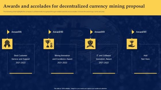 Awards And Accolades For Decentralized Currency Mining Proposal Icons PDF