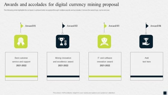 Awards And Accolades For Digital Currency Mining Proposal Ppt Pictures Display PDF