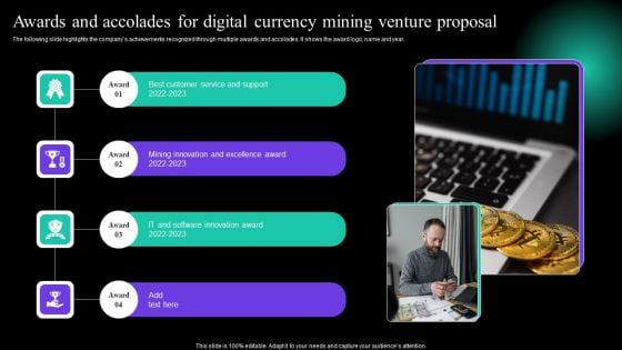 Awards And Accolades For Digital Currency Mining Venture Proposal Icons PDF