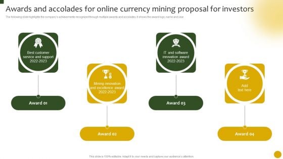 Awards And Accolades For Online Currency Mining Proposal For Investors Ppt Visual Aids Ideas PDF Awards And Accolades For Online Currency Mining Proposal For Investors Ppt Visual Aids Ideas PDF