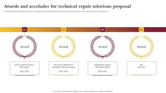 Awards And Accolades For Technical Repair Solutions Proposal Graphics PDF