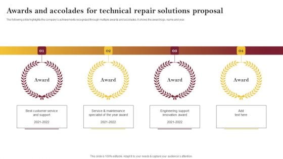 Awards And Accolades For Technical Repair Solutions Proposal Graphics PDF Awards And Accolades For Technical Repair Solutions Proposal Graphics PDF