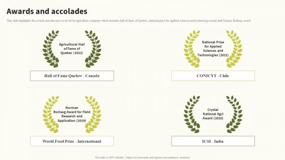 Awards And Accolades Global Food Products Company Profile Background PDF