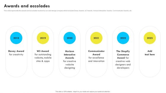 Awards And Accolades Web Design And Development Company Profile Topics PDF