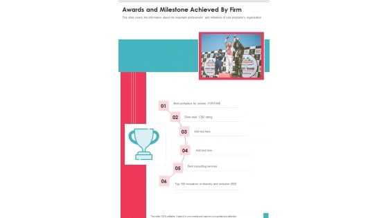 Awards And Milestone Achieved By Firm One Pager Documents