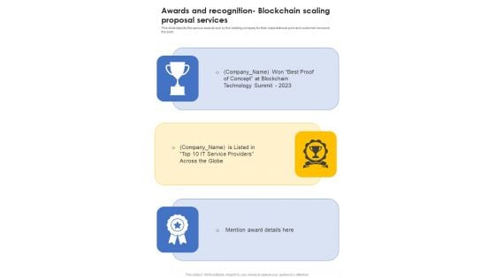 Awards And Recognition Blockchain Scaling Proposal Services One Pager Sample Example Document Awards And Recognition Blockchain Scaling Proposal Services One Pager Sample Example Document
