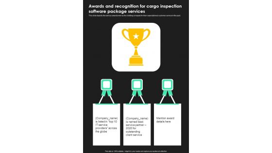 Awards And Recognition For Cargo Inspection Software Package Services One Pager Sample Example Document Awards And Recognition For Cargo Inspection Software Package Services One Pager Sample Example Document