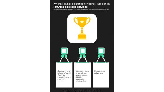 Awards And Recognition For Cargo Inspection Software Package Services One Pager Sample Example Document