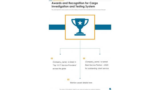 Awards And Recognition For Cargo Investigation And Testing System One Pager Sample Example Document