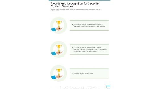 Awards And Recognition For Security Camera Services One Pager Sample Example Document