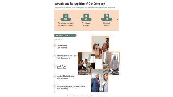 Awards And Recognition Of Our Company One Pager Documents